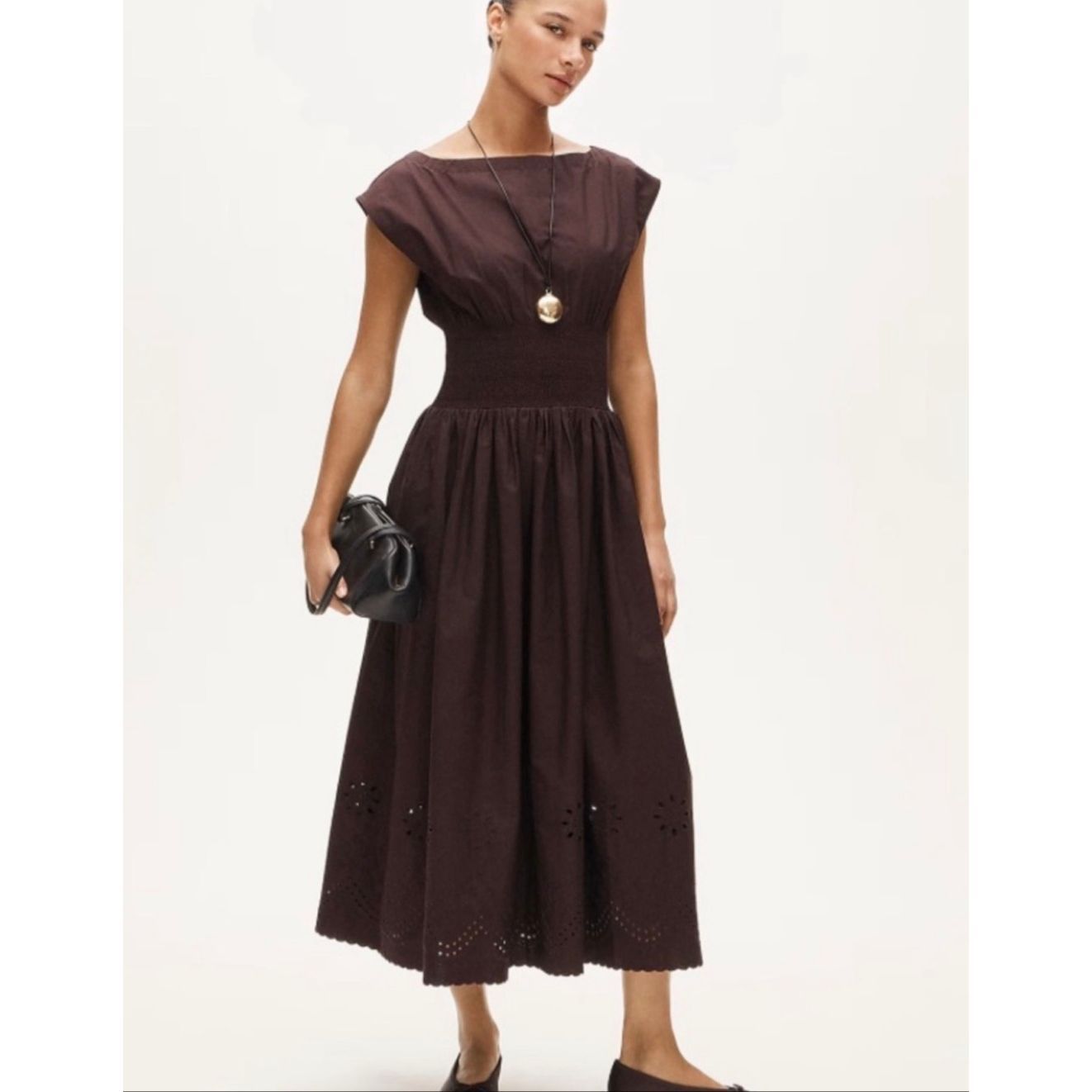 J. Smocked Eyelet-Hem Dress In Cotton Poplin Chocolate Nwt Size Ps
